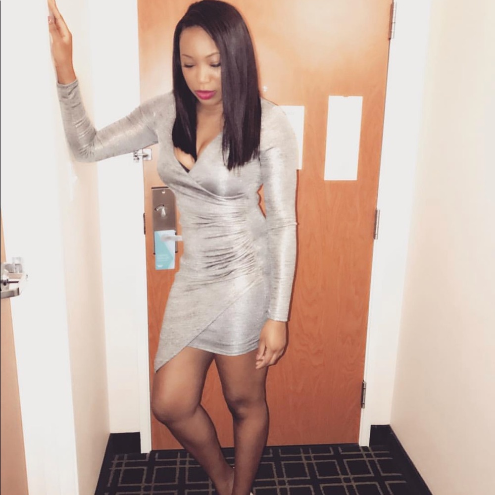 Plunge neck Silver Shimmer Fitted Dress